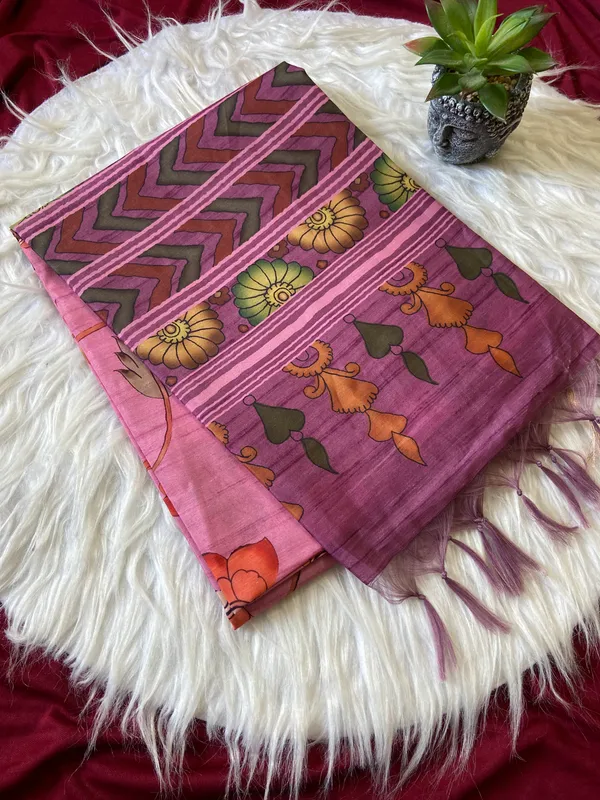 Soft_Tussar_Silk_sarees_with_Beautiful_Digital_Print_With_Attractive_Border_And_Contrast_Print_Blouse_With_Tassels