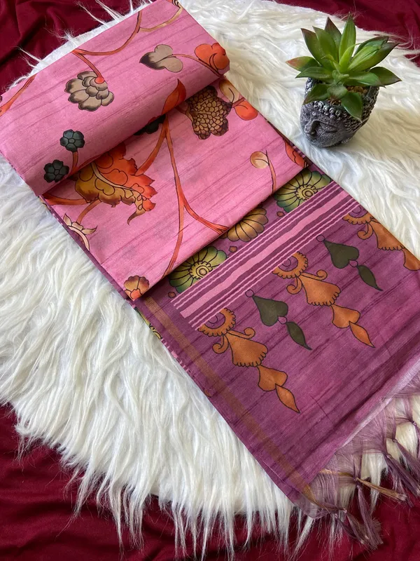 Soft_Tussar_Silk_sarees_with_Beautiful_Digital_Print_With_Attractive_Border_And_Contrast_Print_Blouse_With_Tassels