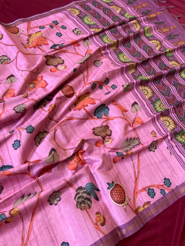Soft_Tussar_Silk_sarees_with_Beautiful_Digital_Print_With_Attractive_Border_And_Contrast_Print_Blouse_With_Tassels