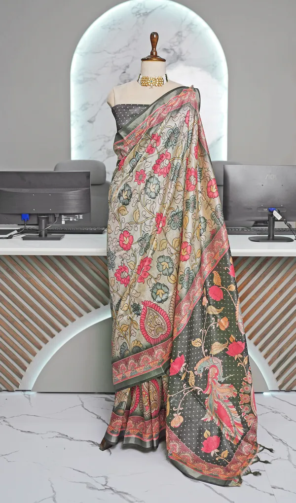 Soft_Tussar_Silk_sarees_with_Beautiful_Digital_Print_With_Attractive_Border_And_Contrast_Print_Blouse_With_Tassels