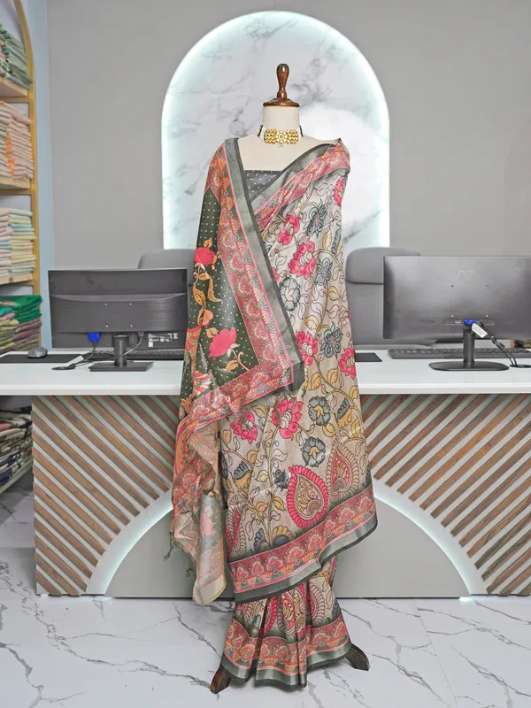 Soft_Tussar_Silk_sarees_with_Beautiful_Digital_Print_With_Attractive_Border_And_Contrast_Print_Blouse_With_Tassels