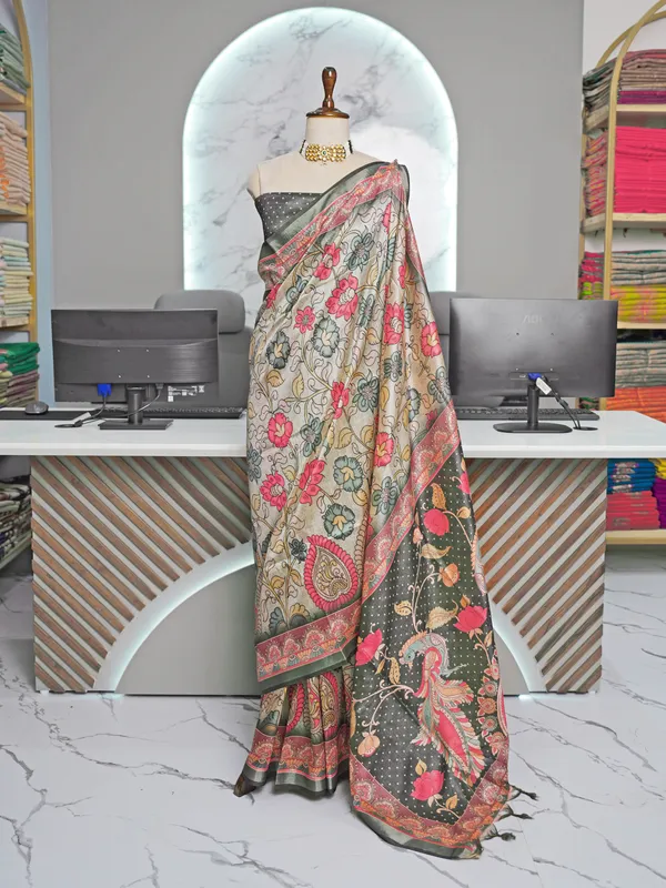 Soft_Tussar_Silk_sarees_with_Beautiful_Digital_Print_With_Attractive_Border_And_Contrast_Print_Blouse_With_Tassels