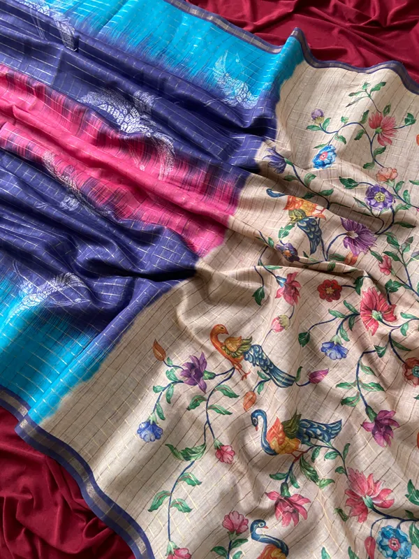 Soft_Semi_Tussar_Silk_sarees_with_Beautiful_Digital_Print_With_Attractive_Border_And_Contrast_Print_Blouse_With_Tassels