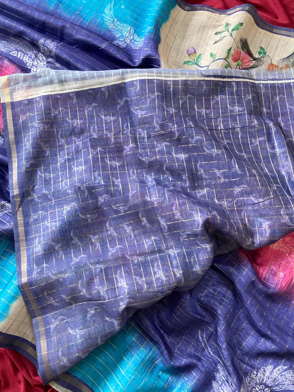 Soft_Semi_Tussar_Silk_sarees_with_Beautiful_Digital_Print_With_Attractive_Border_And_Contrast_Print_Blouse_With_Tassels