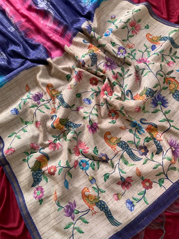 Soft_Semi_Tussar_Silk_sarees_with_Beautiful_Digital_Print_With_Attractive_Border_And_Contrast_Print_Blouse_With_Tassels