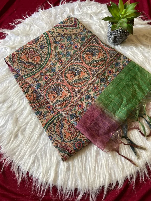 Soft_Semi_Tussar_Silk_sarees_with_Beautiful_Digital_Print_With_Attractive_Border_And_Contrast_Print_Blouse_With_Tassels