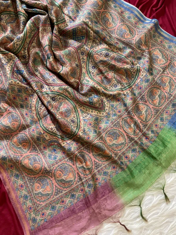 Soft_Semi_Tussar_Silk_sarees_with_Beautiful_Digital_Print_With_Attractive_Border_And_Contrast_Print_Blouse_With_Tassels