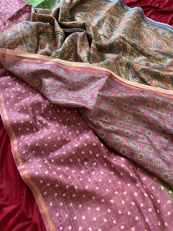 Soft_Semi_Tussar_Silk_sarees_with_Beautiful_Digital_Print_With_Attractive_Border_And_Contrast_Print_Blouse_With_Tassels