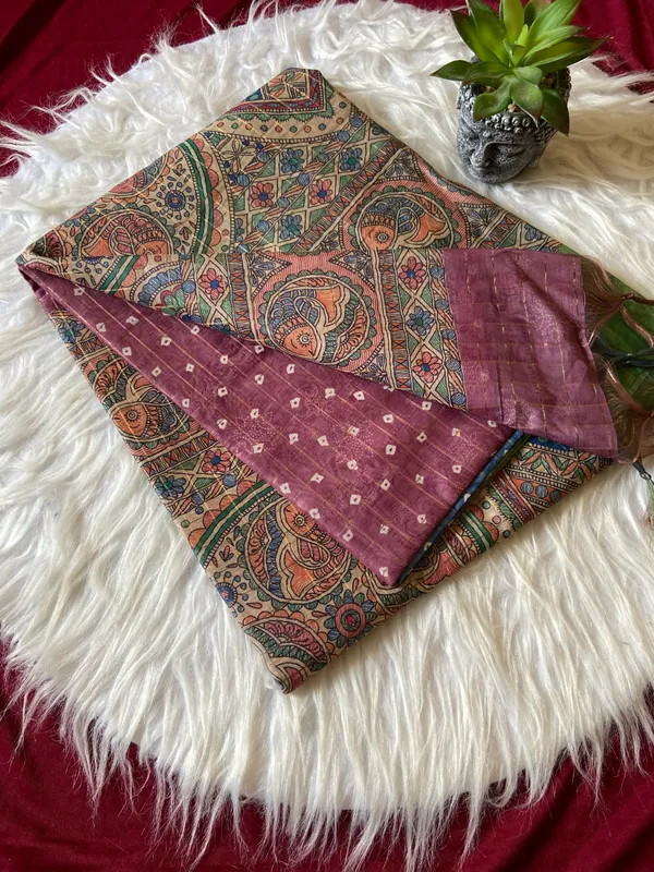 Soft_Semi_Tussar_Silk_sarees_with_Beautiful_Digital_Print_With_Attractive_Border_And_Contrast_Print_Blouse_With_Tassels