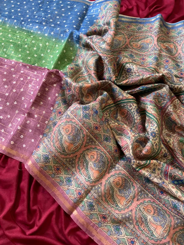 Soft_Semi_Tussar_Silk_sarees_with_Beautiful_Digital_Print_With_Attractive_Border_And_Contrast_Print_Blouse_With_Tassels