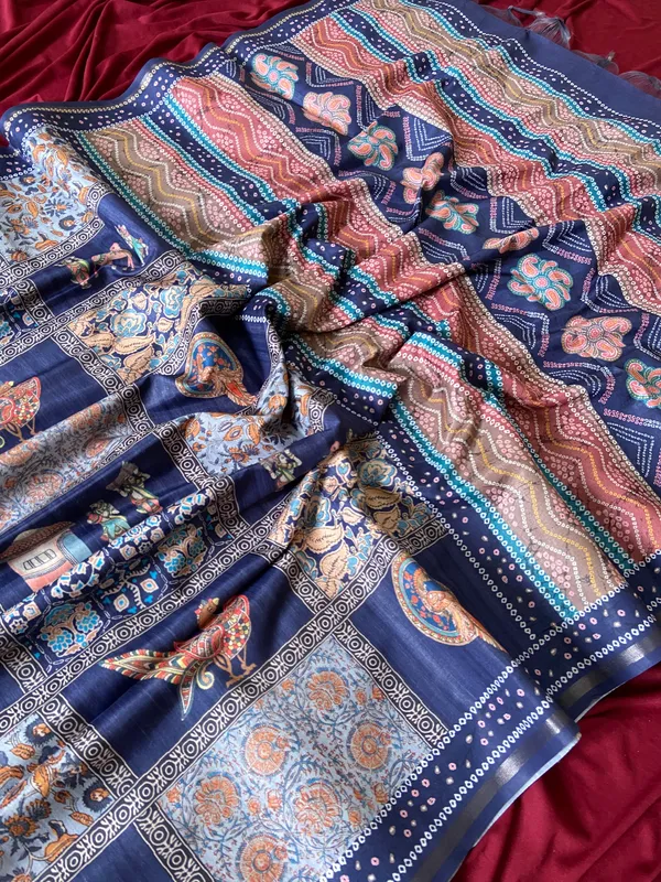 Soft_Tussar_Silk_sarees_with_Beautiful_Digital_Print_With_Attractive_Border_And_Contrast_Print_Blouse_With_Tassels