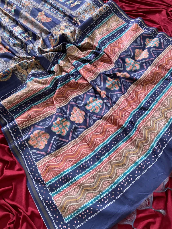 Soft_Tussar_Silk_sarees_with_Beautiful_Digital_Print_With_Attractive_Border_And_Contrast_Print_Blouse_With_Tassels