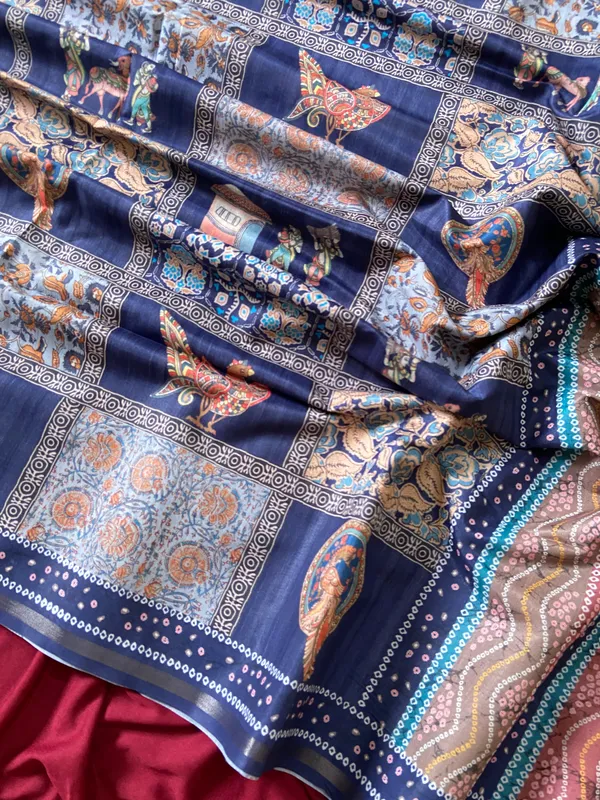 Soft_Tussar_Silk_sarees_with_Beautiful_Digital_Print_With_Attractive_Border_And_Contrast_Print_Blouse_With_Tassels