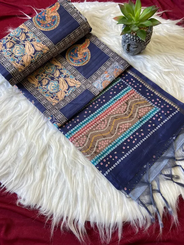 Soft_Tussar_Silk_sarees_with_Beautiful_Digital_Print_With_Attractive_Border_And_Contrast_Print_Blouse_With_Tassels