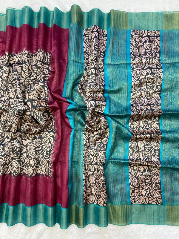 Mirza_Rama_Green_&_Wine_–_Festive_Season_Special_|_Soft_Tussar_Silk_Saree_with_Print,_Border_&_Contrast_Print_Blouse_with_Tassels