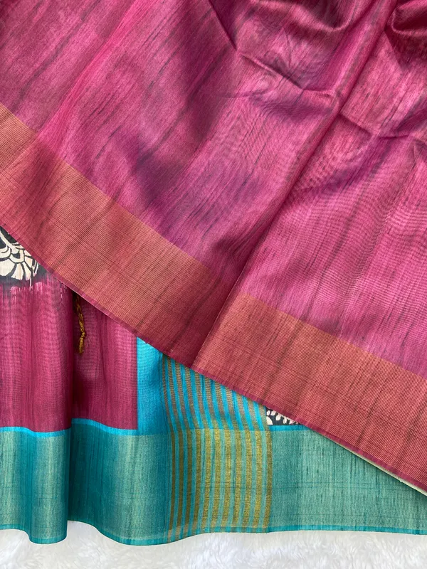 Mirza_Rama_Green_&_Wine_–_Festive_Season_Special_|_Soft_Tussar_Silk_Saree_with_Print,_Border_&_Contrast_Print_Blouse_with_Tassels