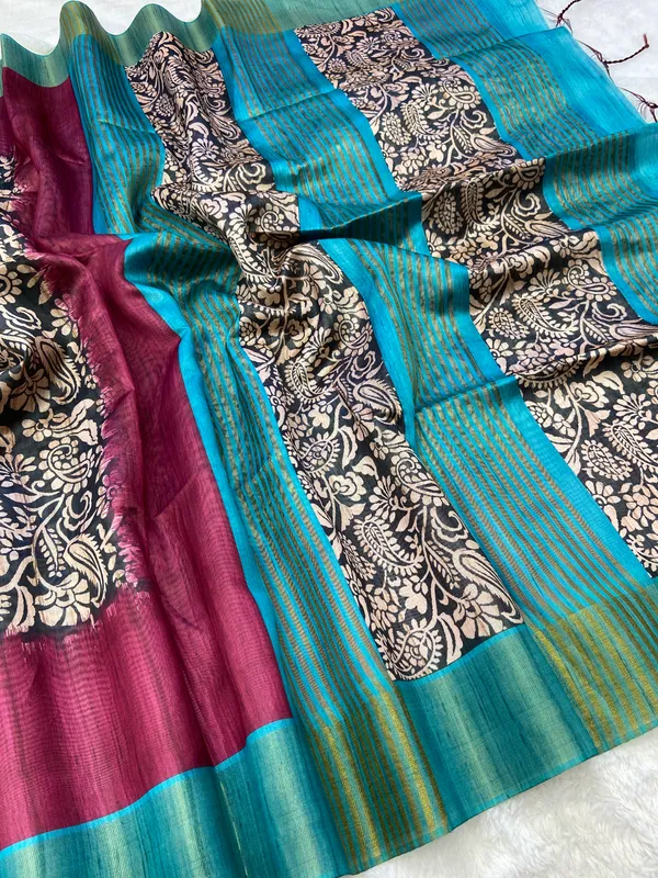 Mirza_Rama_Green_&_Wine_–_Festive_Season_Special_|_Soft_Tussar_Silk_Saree_with_Print,_Border_&_Contrast_Print_Blouse_with_Tassels