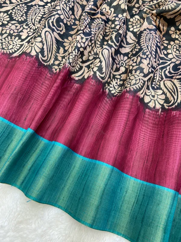 Mirza_Rama_Green_&_Wine_–_Festive_Season_Special_|_Soft_Tussar_Silk_Saree_with_Print,_Border_&_Contrast_Print_Blouse_with_Tassels