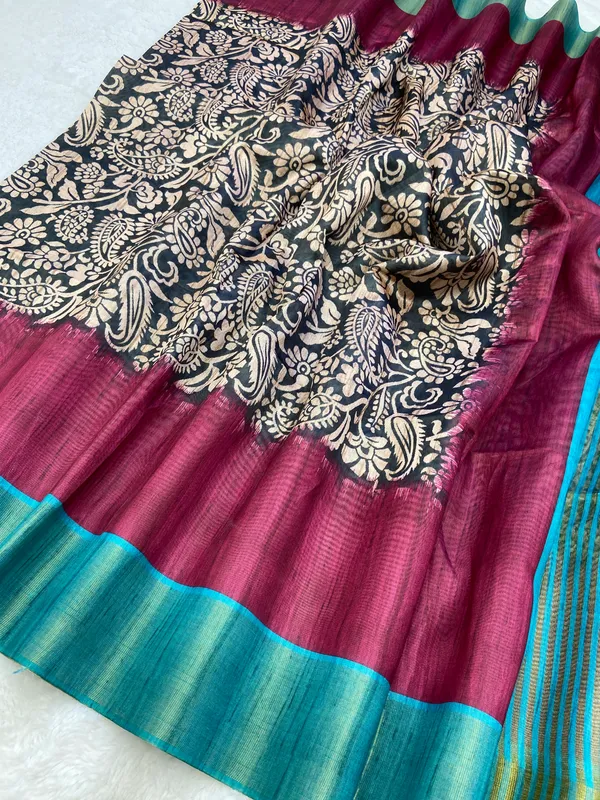 Mirza_Rama_Green_&_Wine_–_Festive_Season_Special_|_Soft_Tussar_Silk_Saree_with_Print,_Border_&_Contrast_Print_Blouse_with_Tassels