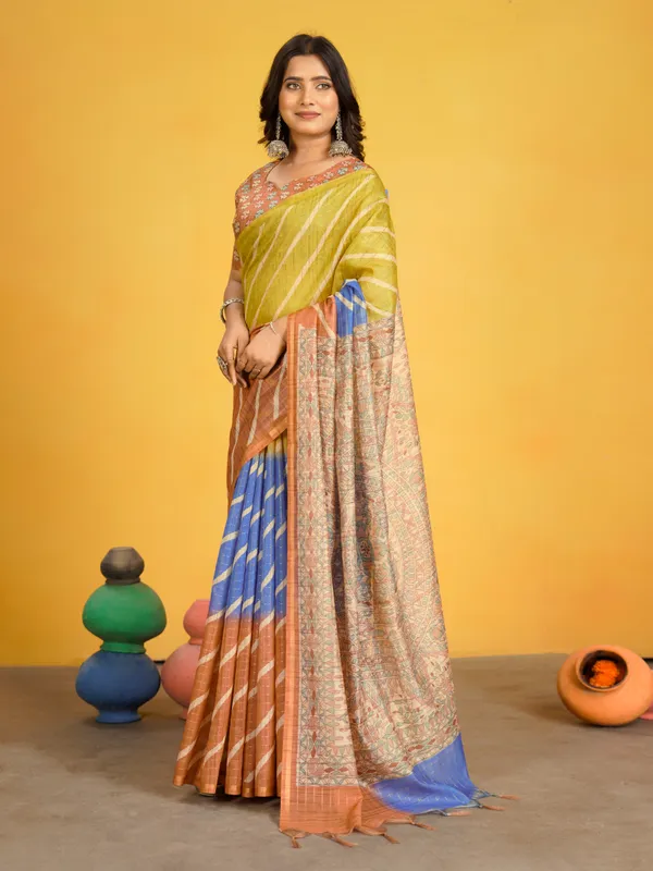 Jemisha_Orange_&_Yellow_–_Diwali_Special_|_Soft_Semi_Tussar_Silk_Saree_with_Digital_Print,_Border_&_Contrast_Print_Blouse_with_Tassels