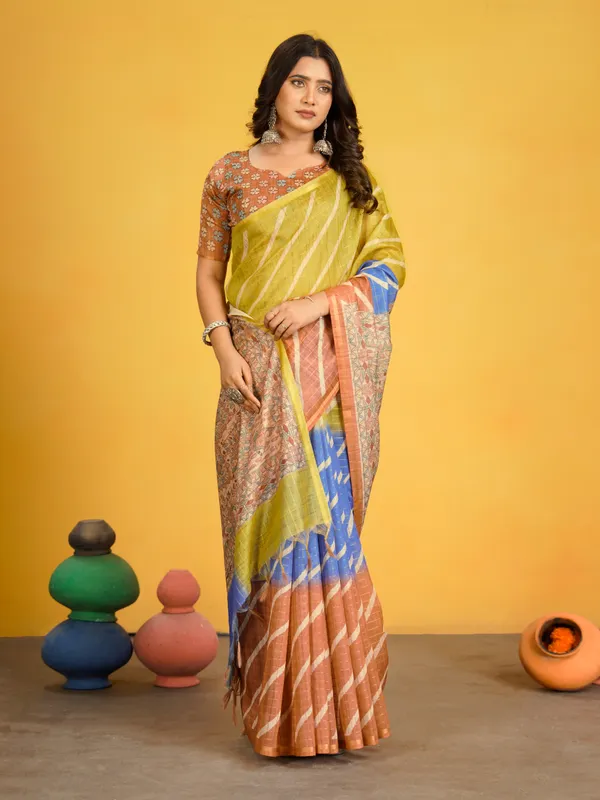 Jemisha_Orange_&_Yellow_–_Diwali_Special_|_Soft_Semi_Tussar_Silk_Saree_with_Digital_Print,_Border_&_Contrast_Print_Blouse_with_Tassels