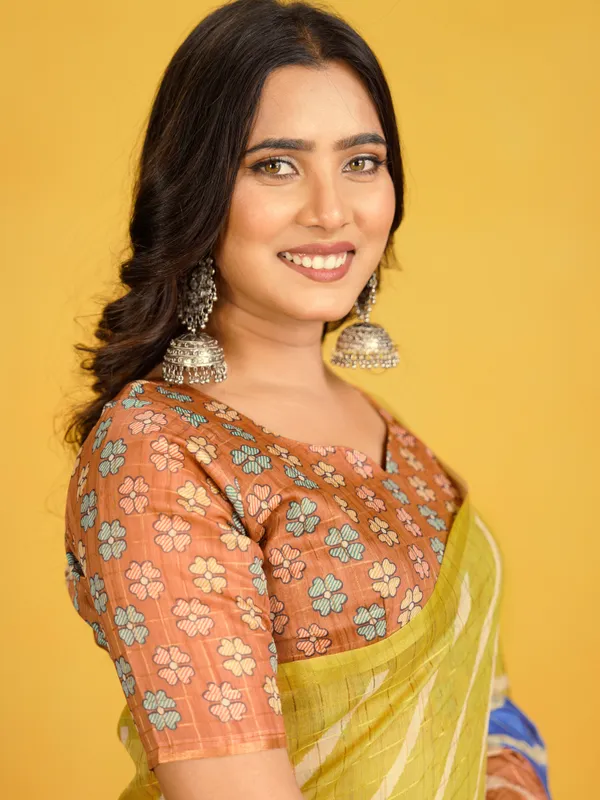 Jemisha_Orange_&_Yellow_–_Diwali_Special_|_Soft_Semi_Tussar_Silk_Saree_with_Digital_Print,_Border_&_Contrast_Print_Blouse_with_Tassels