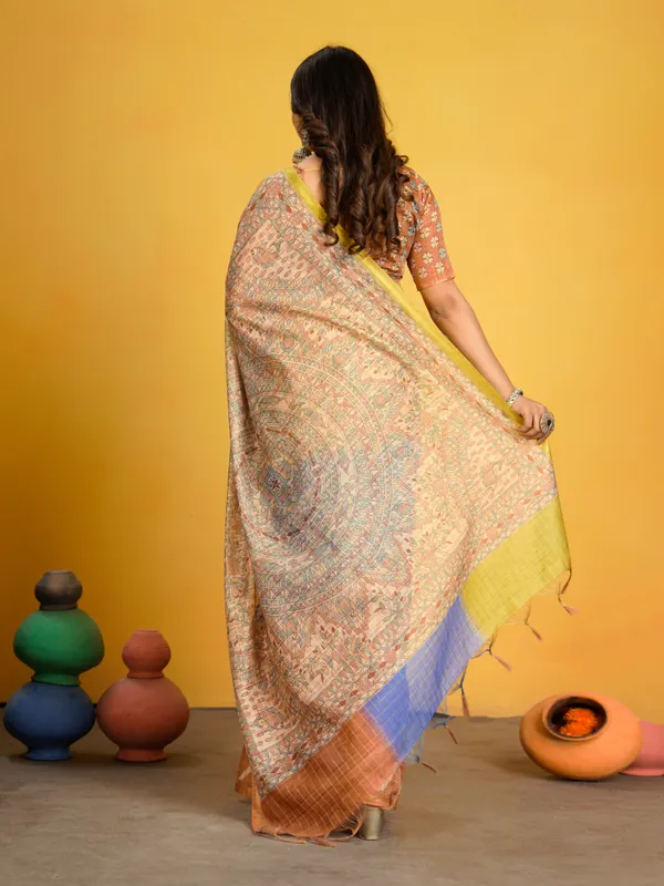 Jemisha_Orange_&_Yellow_–_Diwali_Special_|_Soft_Semi_Tussar_Silk_Saree_with_Digital_Print,_Border_&_Contrast_Print_Blouse_with_Tassels