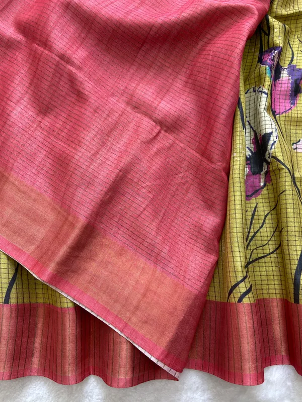 Purna_Yellow_–_Complete_Aesthetic_Edit_for_You_|_Soft_Tussar_Silk_Saree_with_Digital_Print,_Checks_Design_Saree_&_Digital_Print_Blouse_with_Tassels