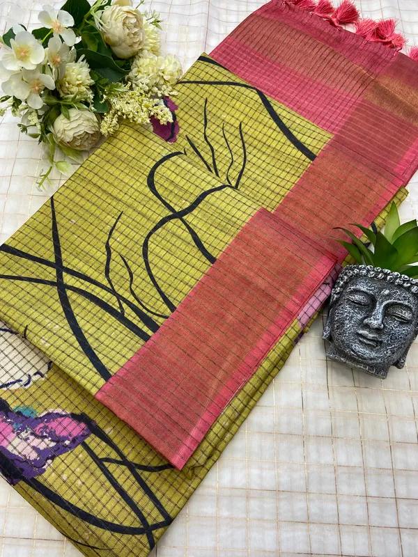 Purna_Yellow_–_Complete_Aesthetic_Edit_for_You_|_Soft_Tussar_Silk_Saree_with_Digital_Print,_Checks_Design_Saree_&_Digital_Print_Blouse_with_Tassels