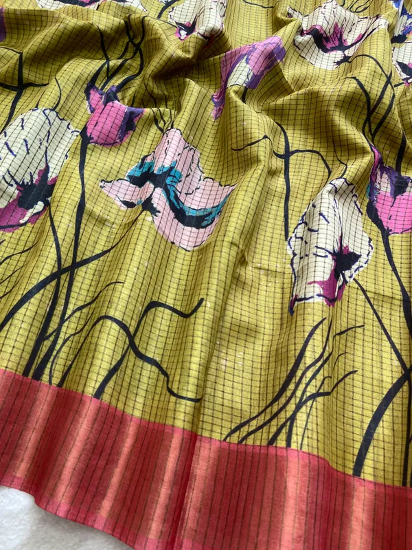 Purna_Yellow_–_Complete_Aesthetic_Edit_for_You_|_Soft_Tussar_Silk_Saree_with_Digital_Print,_Checks_Design_Saree_&_Digital_Print_Blouse_with_Tassels