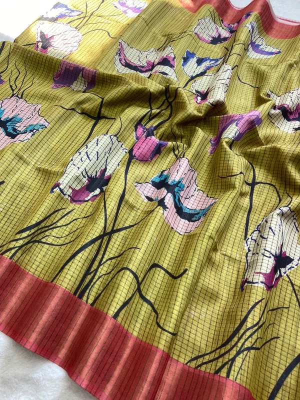Purna_Yellow_–_Complete_Aesthetic_Edit_for_You_|_Soft_Tussar_Silk_Saree_with_Digital_Print,_Checks_Design_Saree_&_Digital_Print_Blouse_with_Tassels