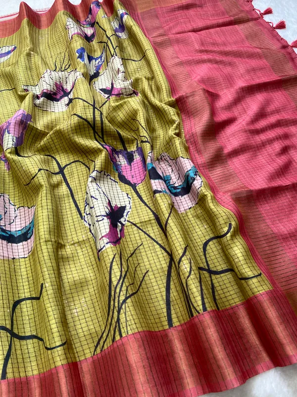 Purna_Yellow_–_Complete_Aesthetic_Edit_for_You_|_Soft_Tussar_Silk_Saree_with_Digital_Print,_Checks_Design_Saree_&_Digital_Print_Blouse_with_Tassels