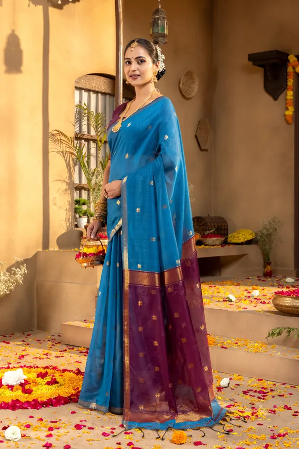 Jasleen_Purple_&_Blue_–_Wedding_Special_|_Original_Maheswari_Cotton_Silk_Saree_with_Kanchipuram_Rich_Gold-Toned_Woven_Butti_Zari_Work,_Zari_Border