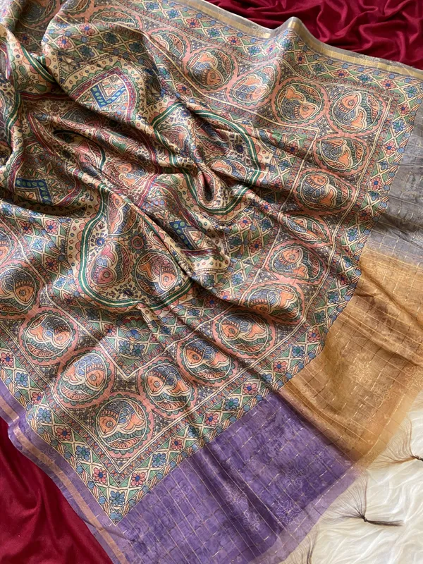 Soft_Semi_Tussar_Silk_sarees_with_Beautiful_Digital_Print_With_Attractive_Border_And_Contrast_Print_Blouse_With_Tassels