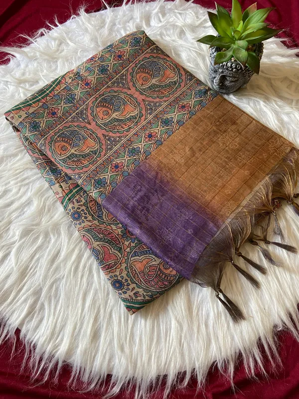 Soft_Semi_Tussar_Silk_sarees_with_Beautiful_Digital_Print_With_Attractive_Border_And_Contrast_Print_Blouse_With_Tassels