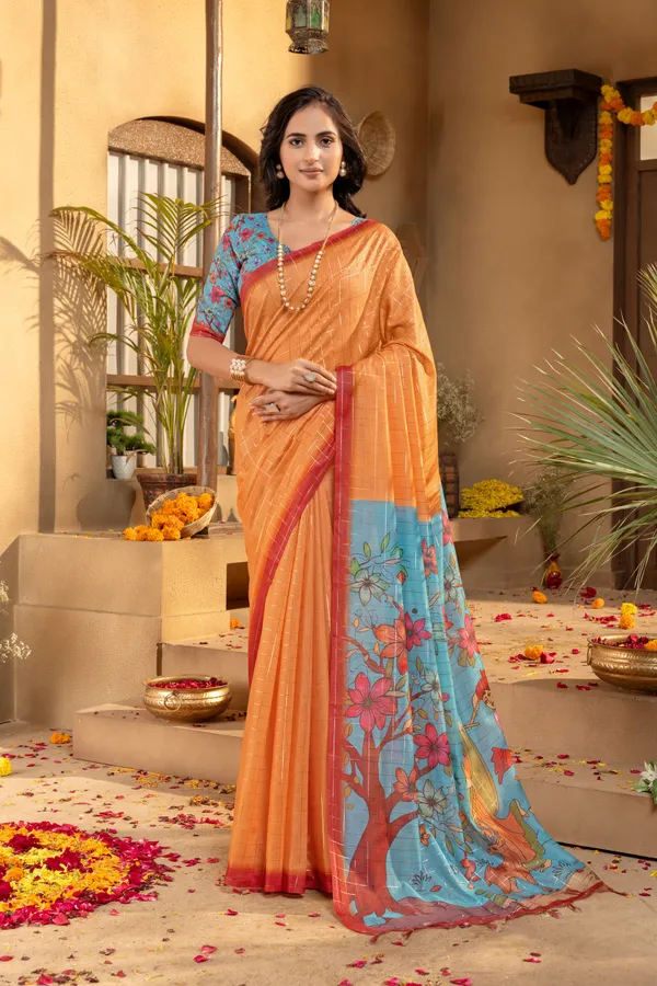 Baani_Orange_–_Diwali_Special_|_Soft_Semi_Tussar_Silk_Saree_with_Digital_Print,_Border_&_Contrast_Print_Blouse_with_Tassels