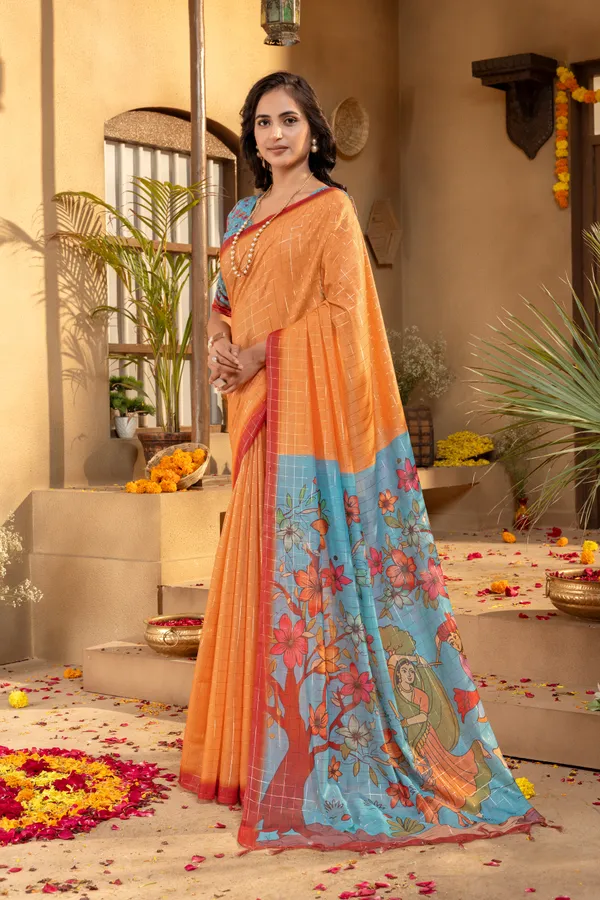 Baani_Orange_–_Diwali_Special_|_Soft_Semi_Tussar_Silk_Saree_with_Digital_Print,_Border_&_Contrast_Print_Blouse_with_Tassels