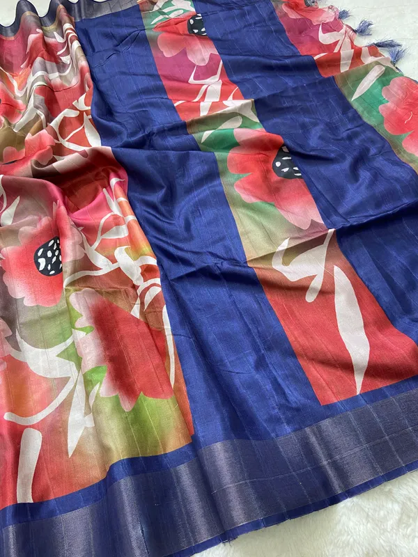 Vaishnavi_Blue_–_Navratri_Special_|_Soft_Tussar_Silk_Saree_with_Print,_Border_&_Contrast_Print_Blouse_with_Tassels