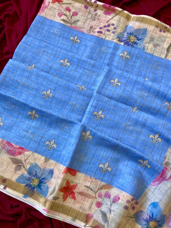 Kumud_Blue_–_Water_Lily_Aesthetic_Edit_for_You_|_Soft_Premium_Linen_Saree_with_Print,_Checks_Design_Saree,_Gold_Zari_Border_&_Print_Blouse