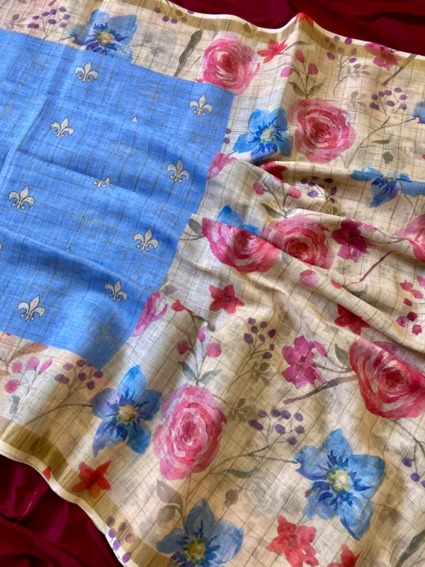 Kumud_Blue_–_Water_Lily_Aesthetic_Edit_for_You_|_Soft_Premium_Linen_Saree_with_Print,_Checks_Design_Saree,_Gold_Zari_Border_&_Print_Blouse