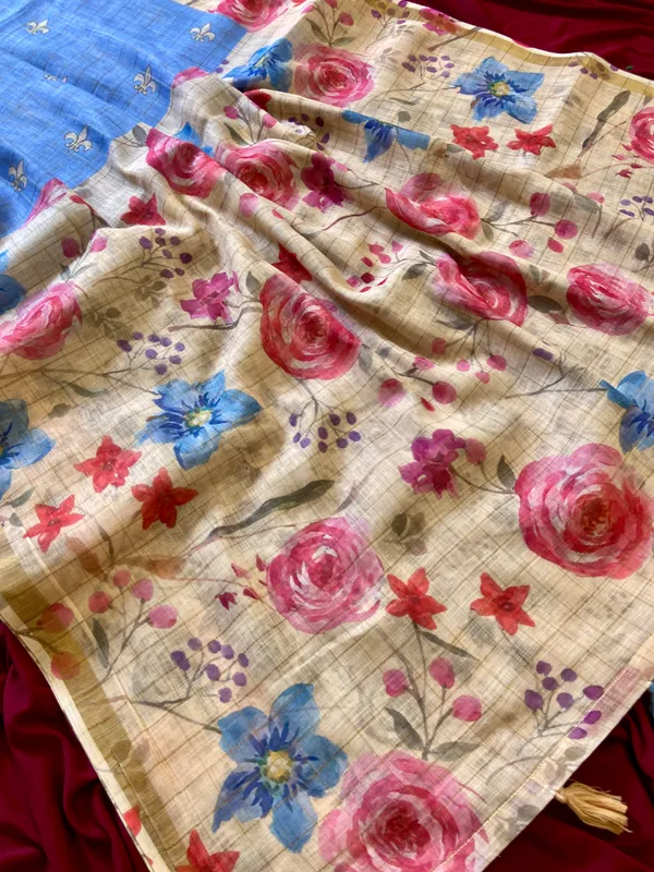 Kumud_Blue_–_Water_Lily_Aesthetic_Edit_for_You_|_Soft_Premium_Linen_Saree_with_Print,_Checks_Design_Saree,_Gold_Zari_Border_&_Print_Blouse
