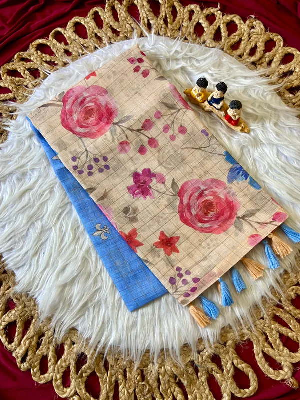 Kumud_Blue_–_Water_Lily_Aesthetic_Edit_for_You_|_Soft_Premium_Linen_Saree_with_Print,_Checks_Design_Saree,_Gold_Zari_Border_&_Print_Blouse