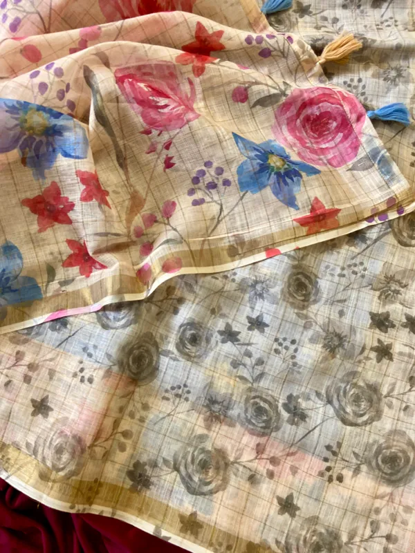Kumud_Blue_–_Water_Lily_Aesthetic_Edit_for_You_|_Soft_Premium_Linen_Saree_with_Print,_Checks_Design_Saree,_Gold_Zari_Border_&_Print_Blouse