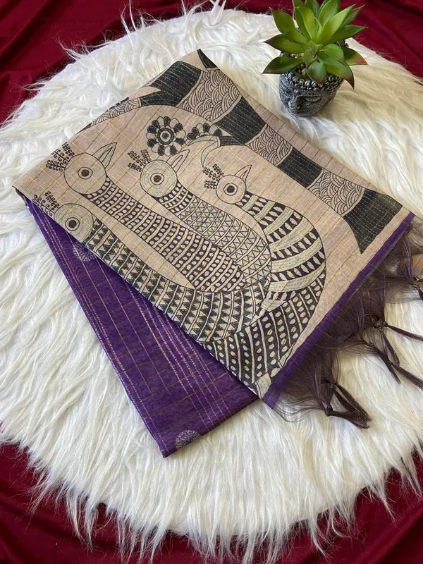 Soft_Semi_Tussar_Silk_sarees_with_Beautiful_Digital_Print_With_Attractive_Border_And_Contrast_Print_Blouse_With_Tassels