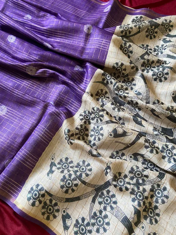 Soft_Semi_Tussar_Silk_sarees_with_Beautiful_Digital_Print_With_Attractive_Border_And_Contrast_Print_Blouse_With_Tassels