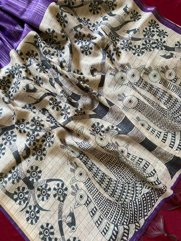 Soft_Semi_Tussar_Silk_sarees_with_Beautiful_Digital_Print_With_Attractive_Border_And_Contrast_Print_Blouse_With_Tassels