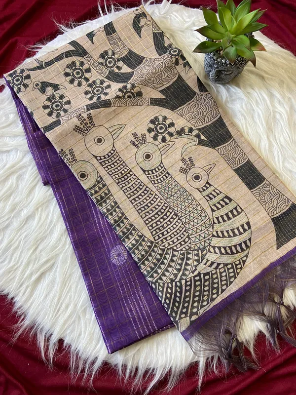 Soft_Semi_Tussar_Silk_sarees_with_Beautiful_Digital_Print_With_Attractive_Border_And_Contrast_Print_Blouse_With_Tassels