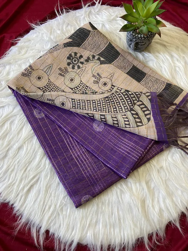 Soft_Semi_Tussar_Silk_sarees_with_Beautiful_Digital_Print_With_Attractive_Border_And_Contrast_Print_Blouse_With_Tassels