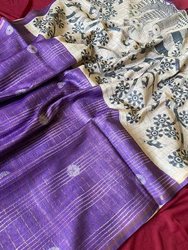 Soft_Semi_Tussar_Silk_sarees_with_Beautiful_Digital_Print_With_Attractive_Border_And_Contrast_Print_Blouse_With_Tassels