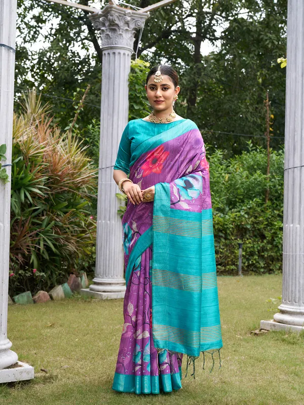 Yukti_Purple_–_Navratri_Special_|_Soft_Tussar_Silk_Saree_with_Print,_Border_&_Contrast_Print_Blouse_with_Tassels